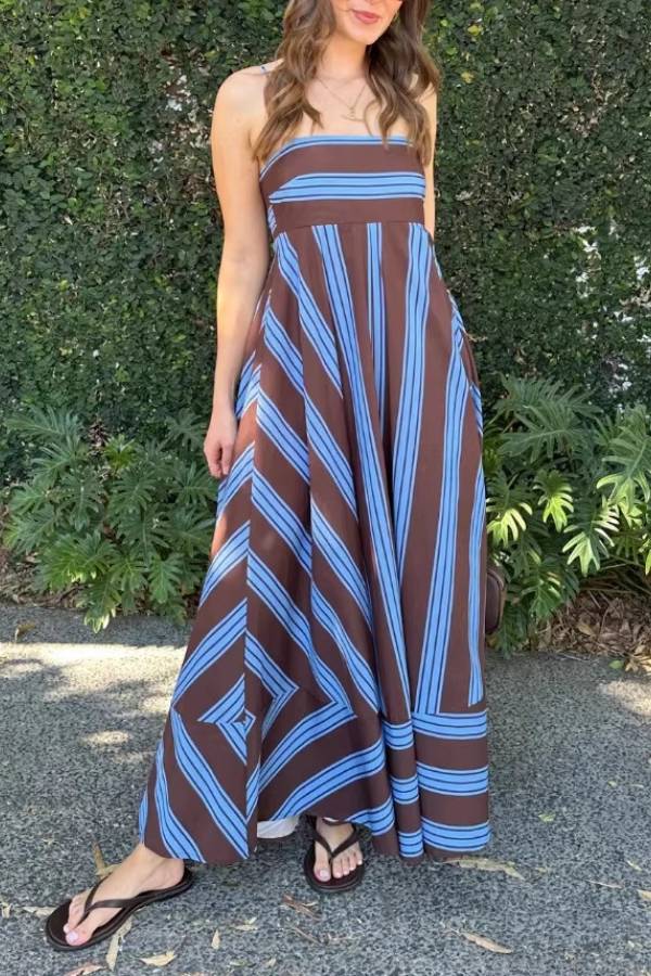 Vacation Style Striped Spaghetti Strap Waisted Maxi Dress
