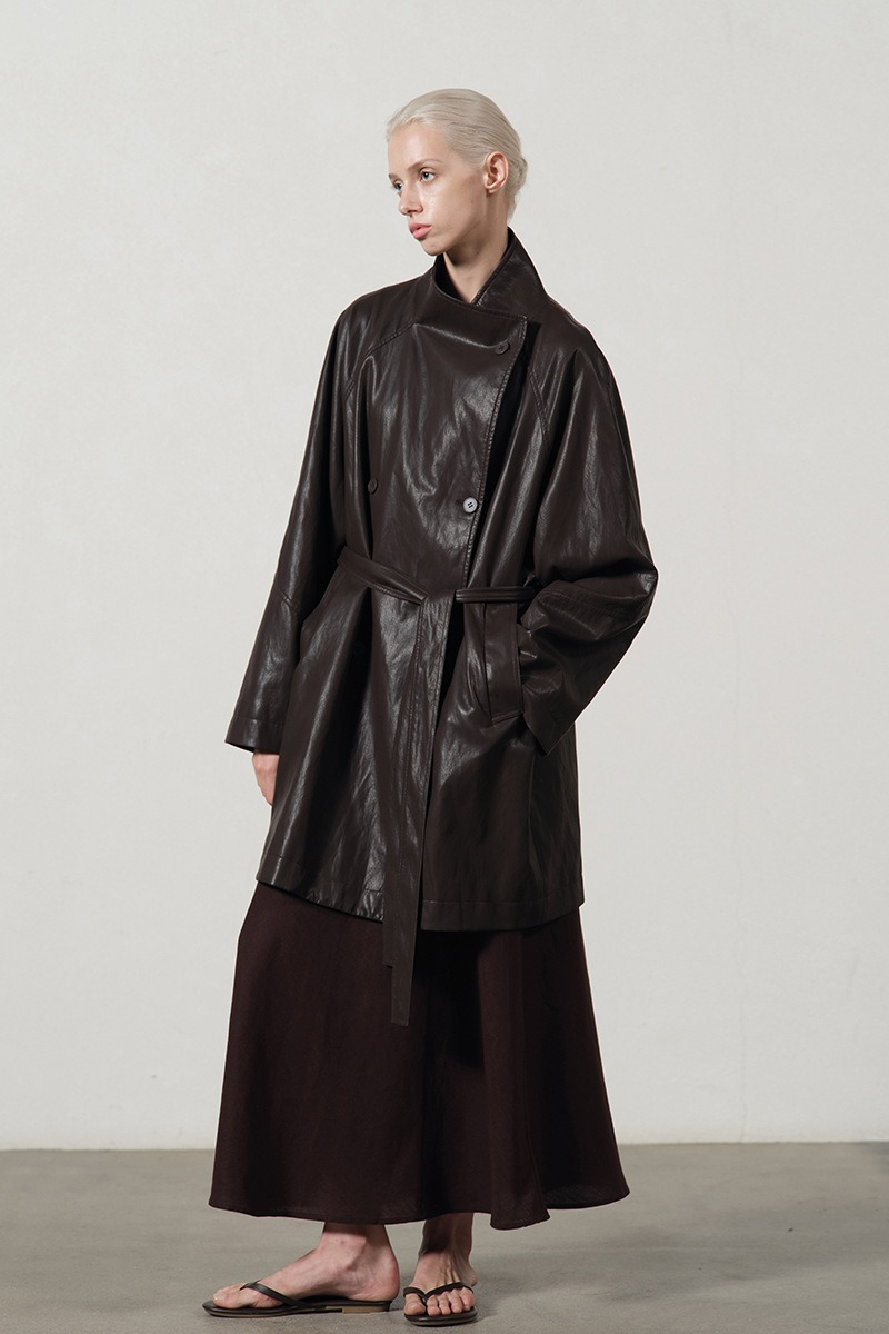 PU Leather Mid Length Trench Style Overcoat