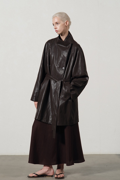 PU Leather Mid Length Trench Style Overcoat