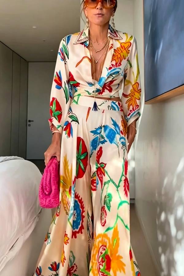 Sanganer Artistic Floral Print Tie-up Crop Blouse and High High Flare Maxi Skirt Set