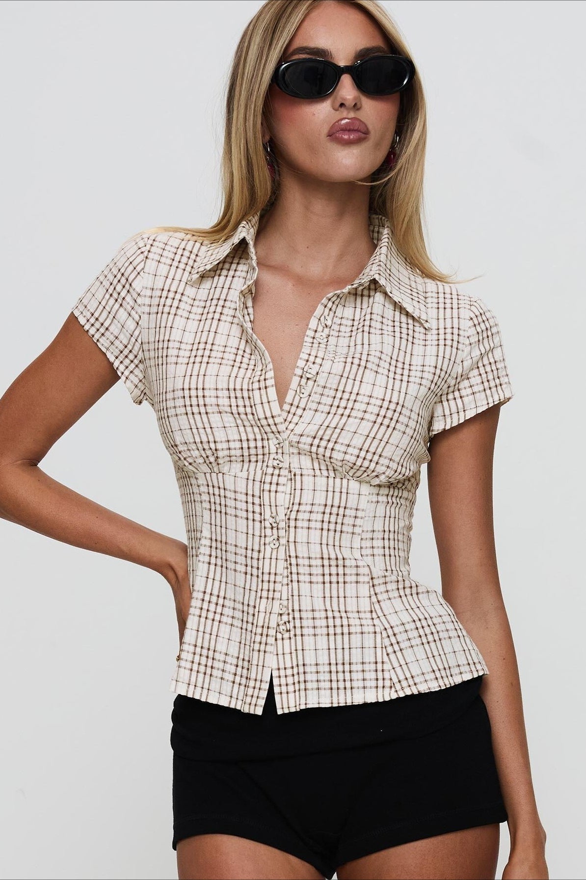 Plaid Double Button Slim Fit Shirt Blouse