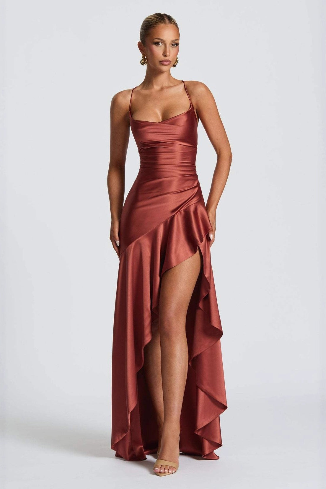 Satin Spaghetti Strap Backless Tie Elegant Formal Dress
