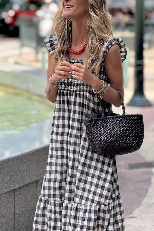 Black and White Gingham Square Neck Smocked Maxi Dress