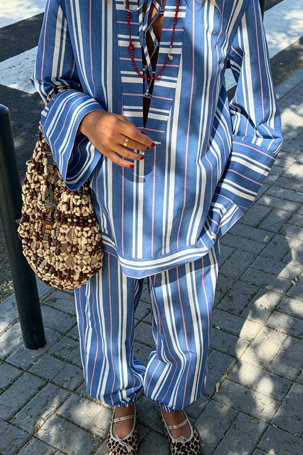 Althea Striped Print Lace-up Neck Long Sleeve Top and Elastic Waist Pocket Lantern Pants Set