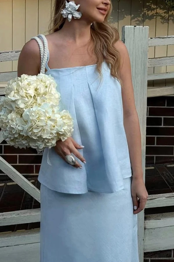 Linen Blend Loose Square Neck Camisole Top and Elegant Resort Maxi Skirt Set