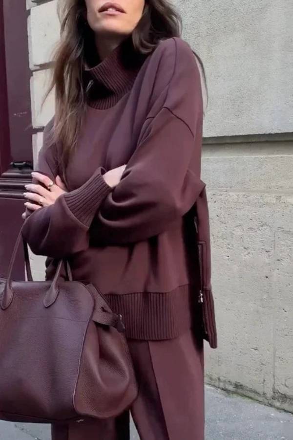 Double Soft Turtleneck Side Zipper Sweatshirt and Elastic Waist Pocketed Loose Pants Set