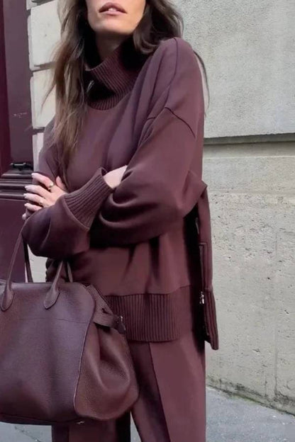 Double Soft Turtleneck Side Zipper Sweatshirt and Elastic Waist Pocketed Loose Pants Set