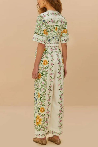 Natural Charm Linen Blend Floral Print Short Sleeve Pocketed Wide Leg Jumpsuit