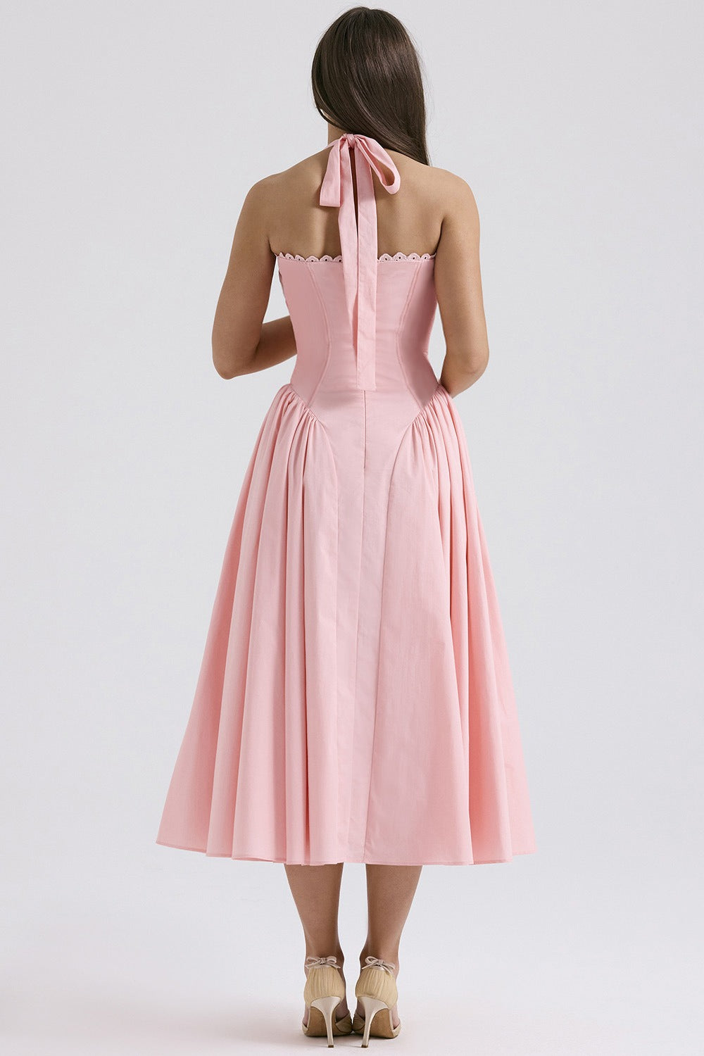 Floral Halter Lace Trim Long Sleeveless Prom Dress
