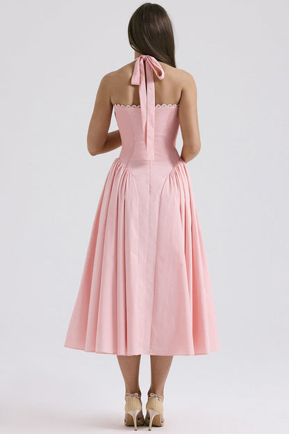 Floral Halter Lace Trim Long Sleeveless Prom Dress