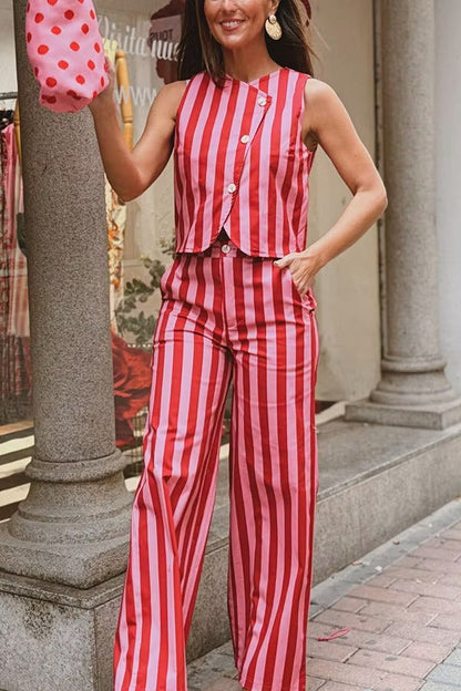 City Outfit Colorful Stripes Button Up Vest and Elastic Waist Pocket Loose Pants Set