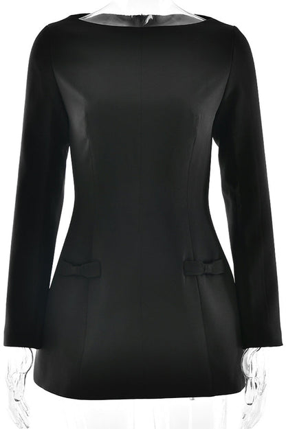 Boat Neck Long Sleeve Bow Hip Detail Structured A-Line Mini Dress