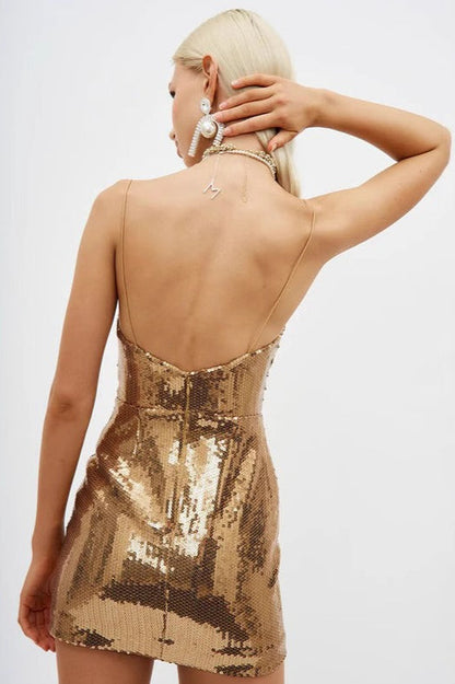 Gold V Neck Spaghetti Strap Mini Dress
