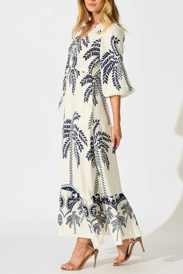 Tropical Palm Print V-Neck Waisted Maxi Dress