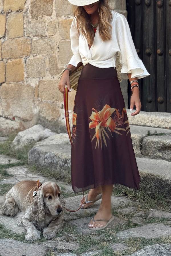 Dark brown large floral print maxi skirt