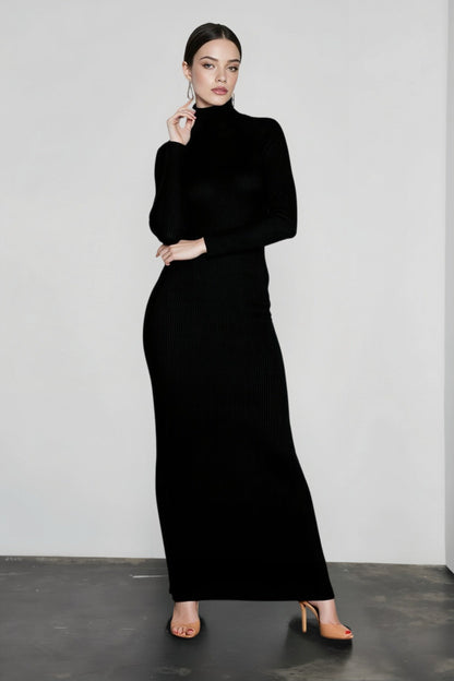 2024 Elegant Spring Turtleneck Knitted Ribbed Sheath Midi Bodycon Dress