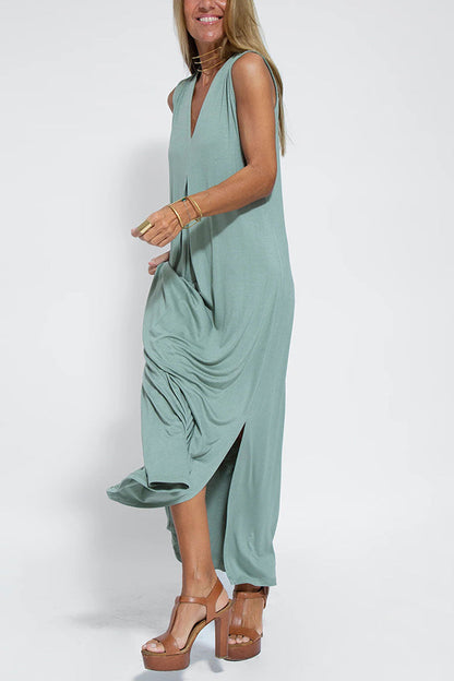 Deep V-Neck Center Pleat Sleeveless Flowy Maxi Dress