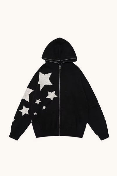 Star Pattern Vintage Knit Zip Up Hoodie