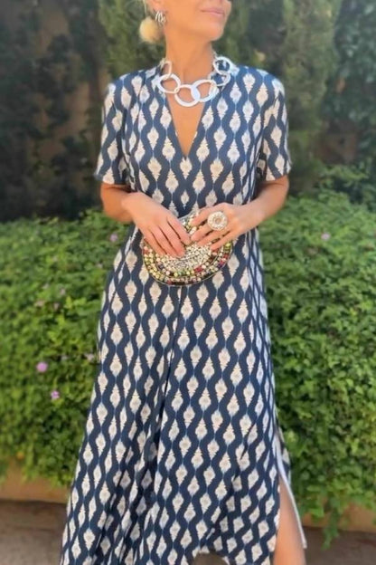 V-Neck Short Sleeve Printed Maxi Dress with Side Slit