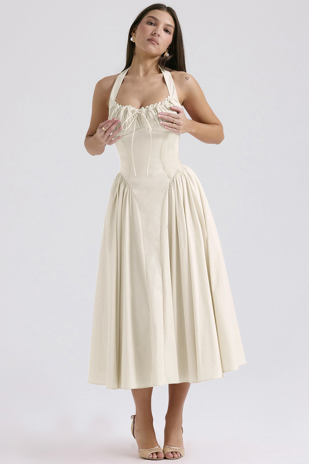 Floral Halter Lace Trim Long Sleeveless Prom Dress