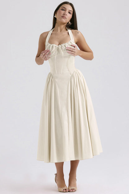 Floral Halter Lace Trim Long Sleeveless Prom Dress
