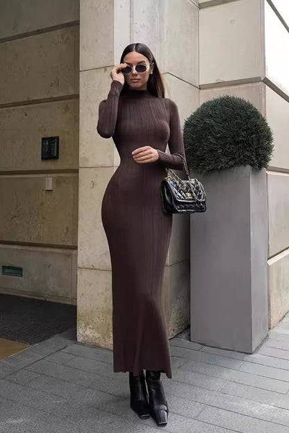 Elegant High Neck Striped Sweater Dress