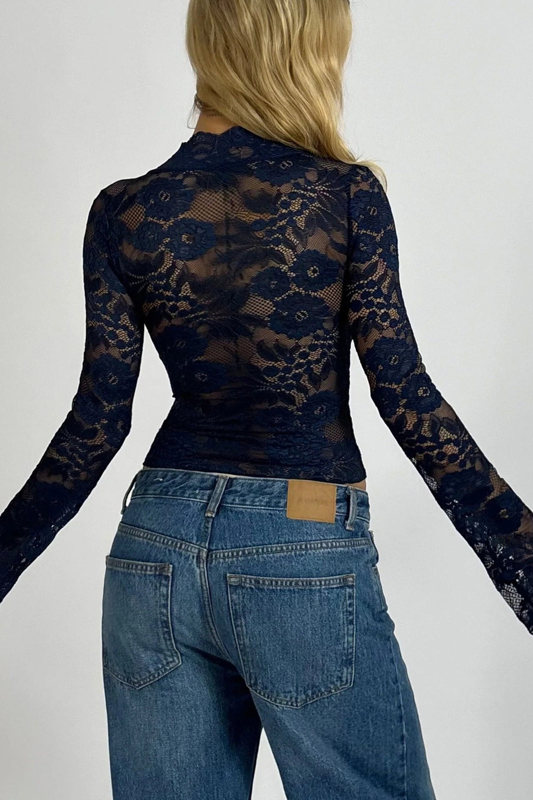 Solid V Neck Lace Bodycon Long Sleeve Tee