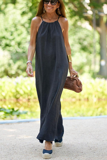 Linen Blend Halter Neck Gathered A-Line Maxi Dress