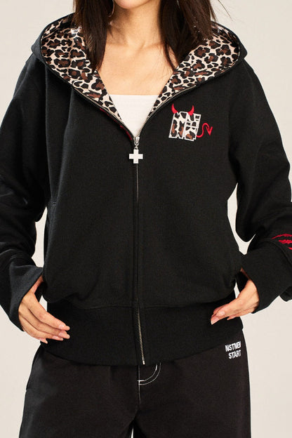 Leopard Lined Devil Horn Cross Zip Hoodie
