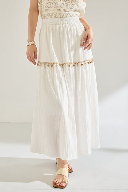 Minimal Shell Detail Fringe Patchwork Boho Skirt