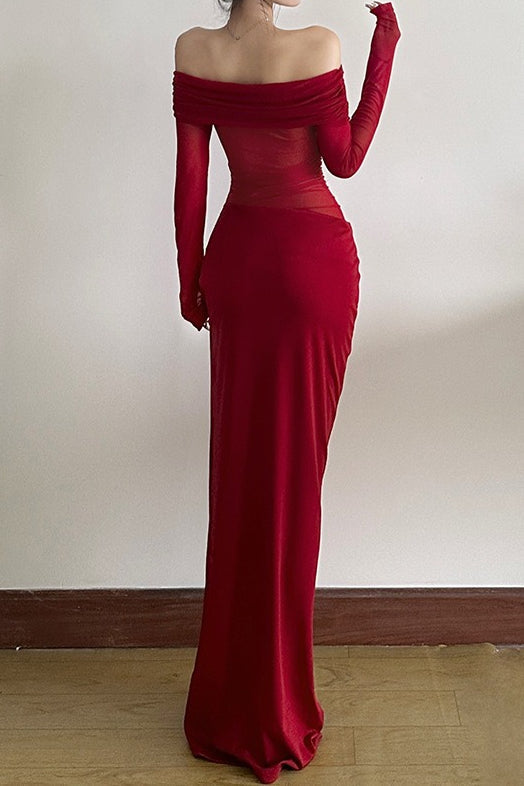 Off Shoulder Sheer Tulle Mesh Slim Fit Elegant Prom Dress