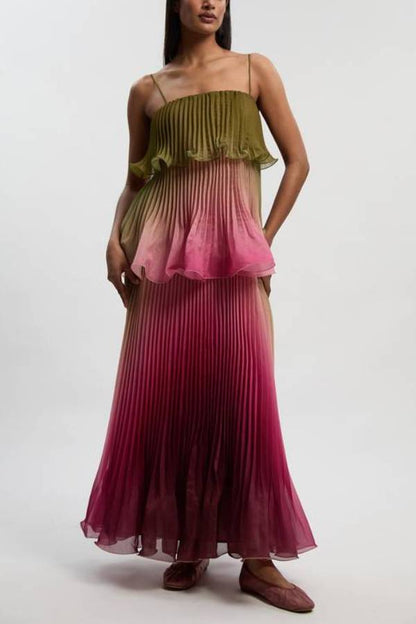 Exquisite Pleated Organza Gradient Print Layered Ruffles Slip Maxi Dress