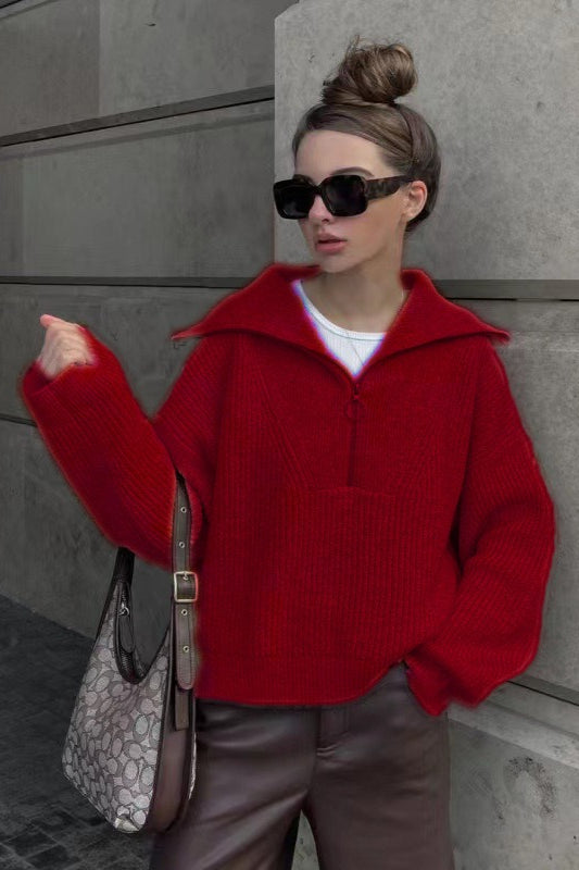 Vintage Notched V-Neck Knit Top