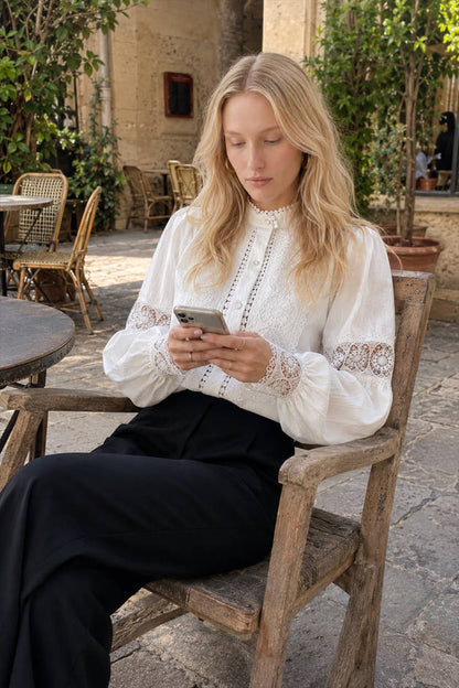 Lace Paneled Lantern Sleeve Blouse