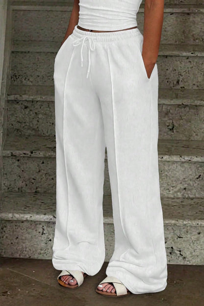 White Drawstring Wide Leg Relaxed Pants