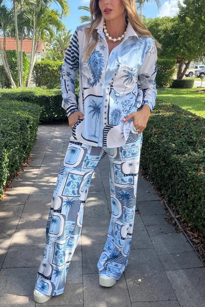 Esella Satin Jungle Print Long Sleeve Shirt and Elastic Waist Pocket Wide Leg Pants Set