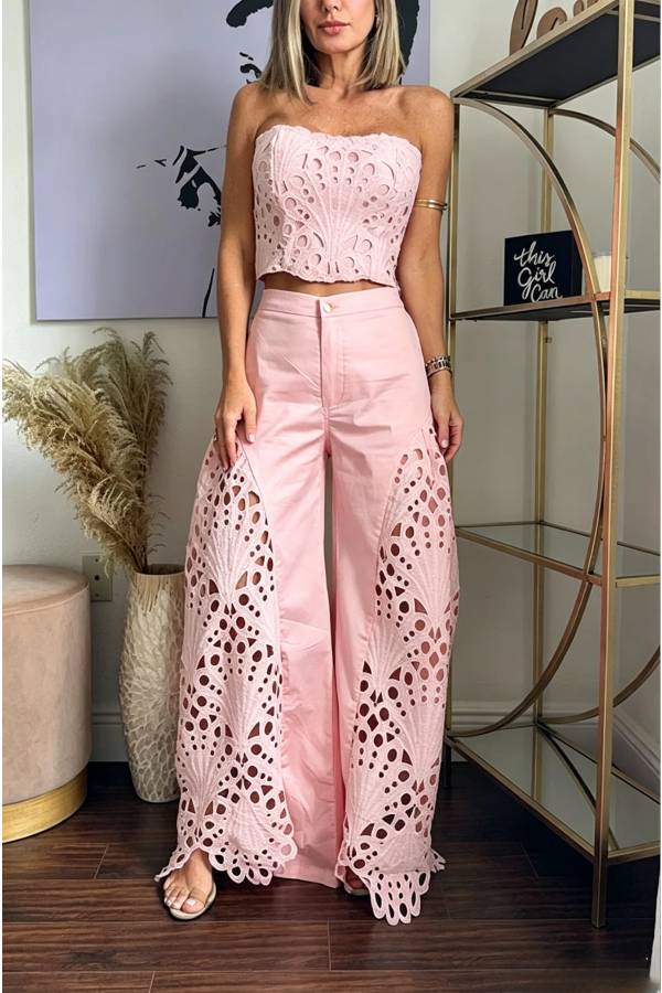 Sienna Embroidered Cut-Out Palazzo Pants Two-Piece Set