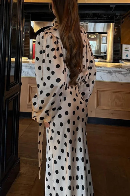 Chrissa Satin Polka Dot Print Lace Trim Tie-up Neck Balloon Sleeve Loose Blouse