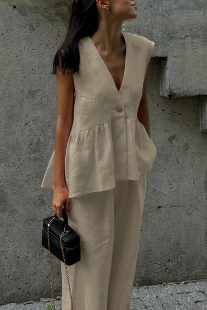 V-Neck Sleeveless Ruffled Peplum Top + Wide-Leg Pants Linen Set