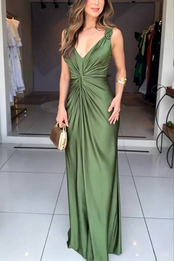 Glow Together Satin Knot Design Shoulder Strap Sleeveless Drape Slit Maxi Dress