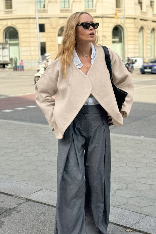 Khaki V Neck Asymmetric Wool Blend Coat
