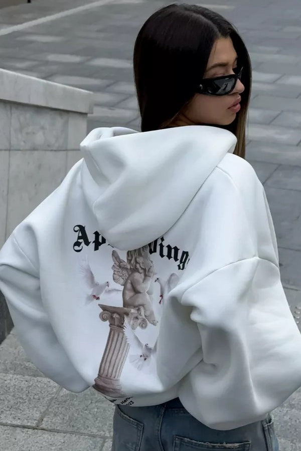 Retro Angel Dove Back Print Zip Hoodie