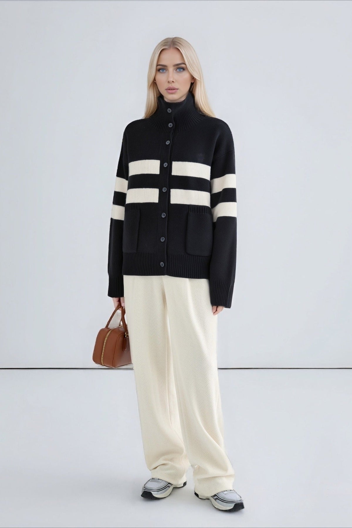 High Neck Color Block Knit Sweater