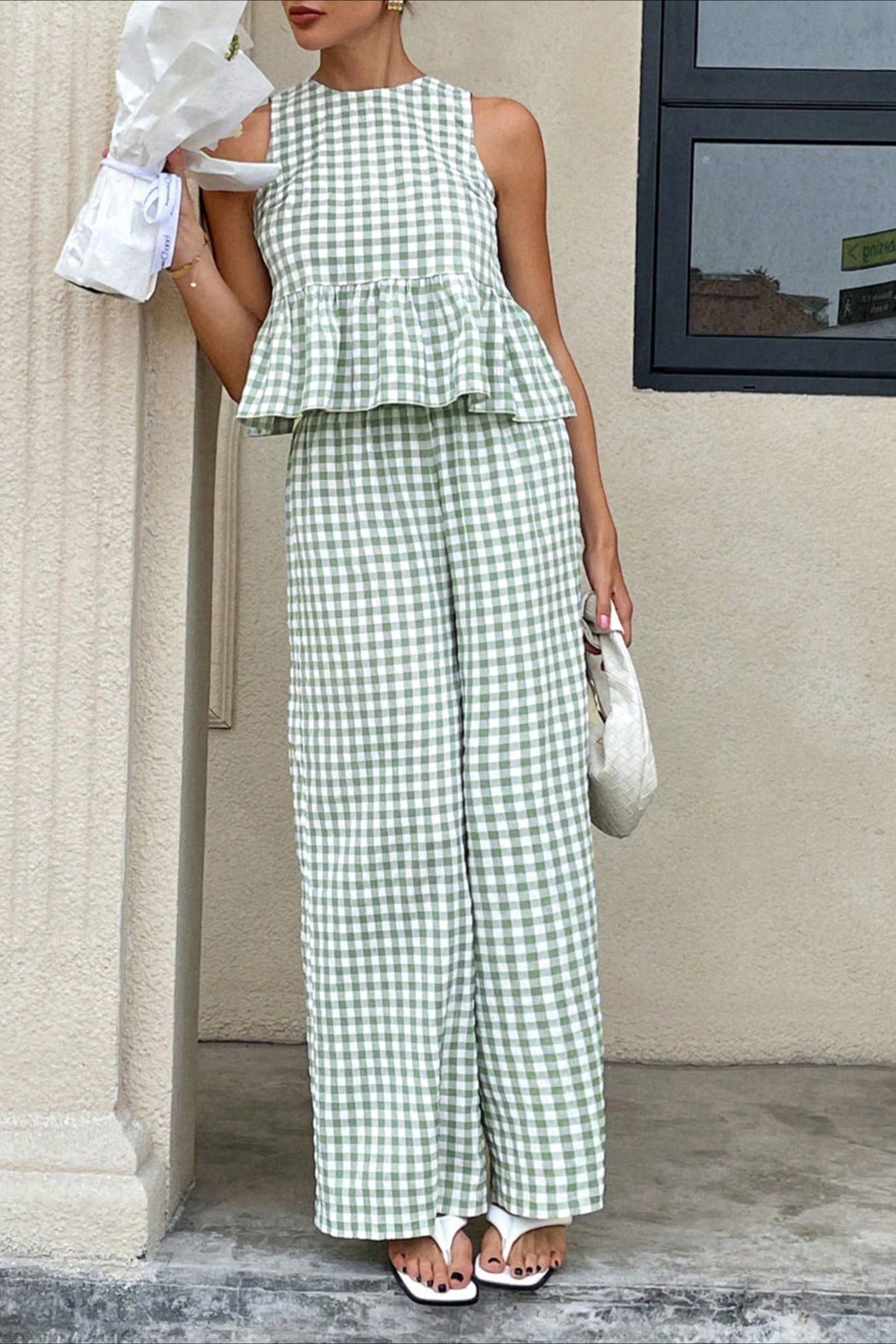 Plaid Ruffle Hem Round Neck Sleeveless Pants Set