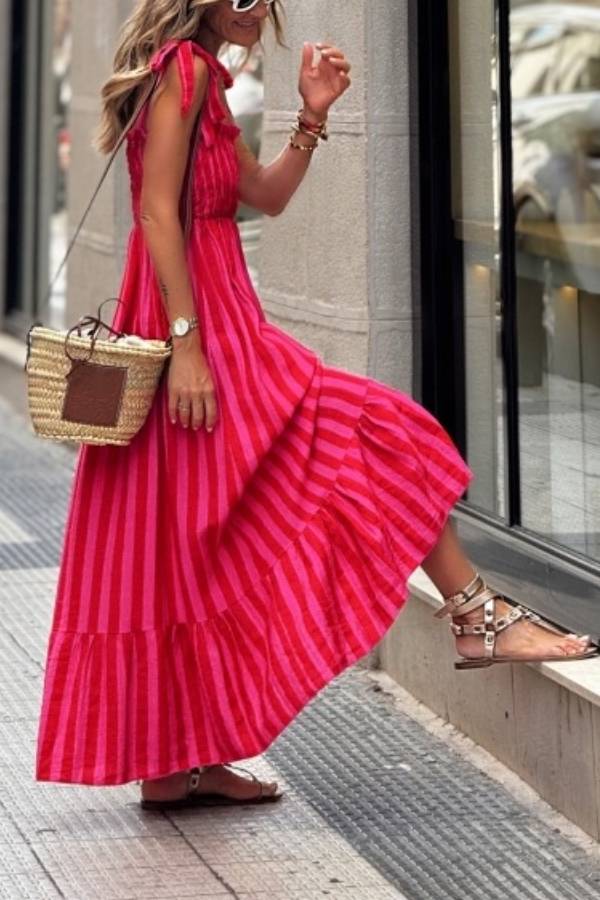 Tie Strap Smocked Waist Color Block Vertical Stripe Ruffle Maxi Vacation Dress