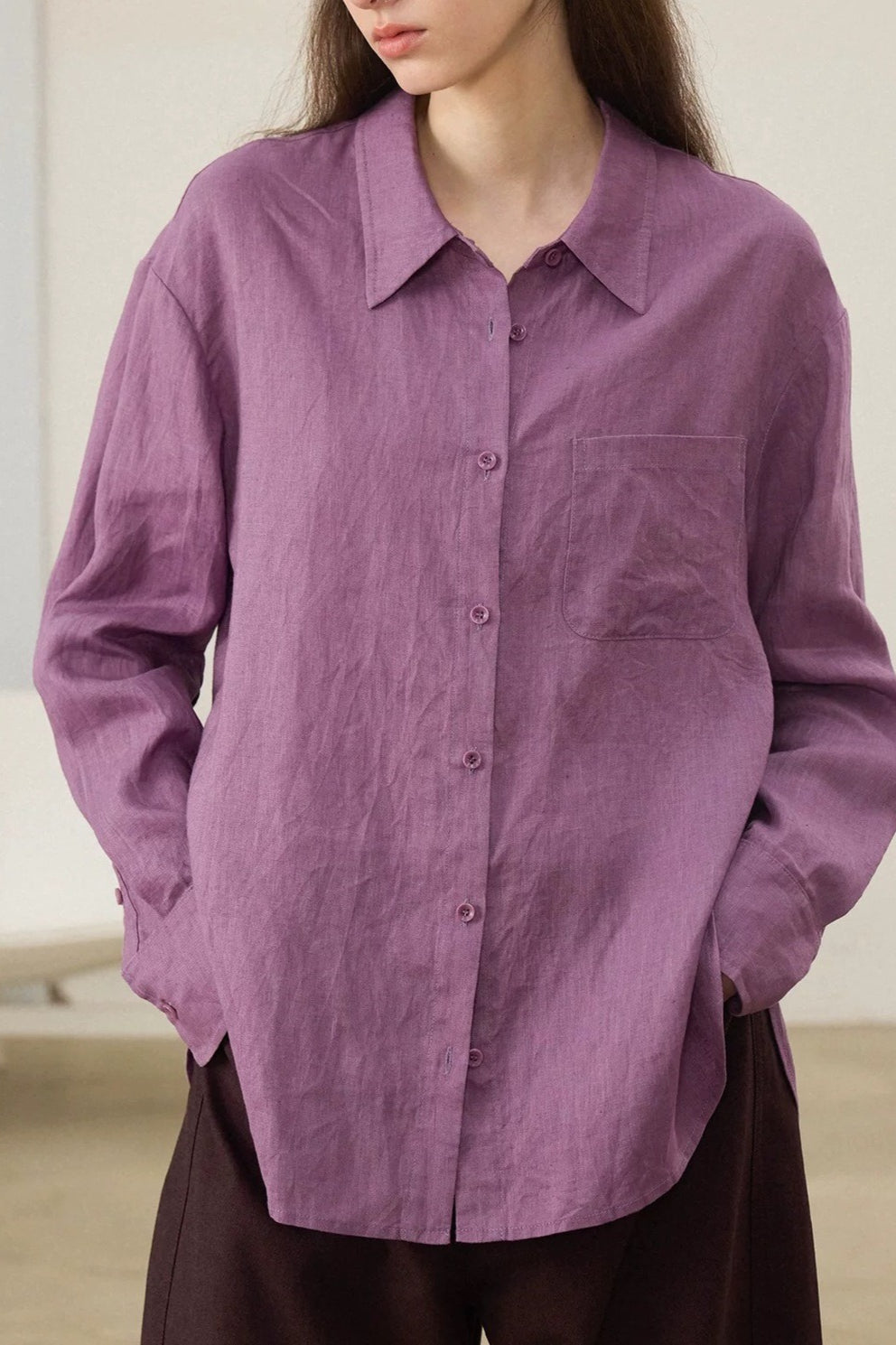 Linen Green Oversized Versatile Long Sleeve Blouse