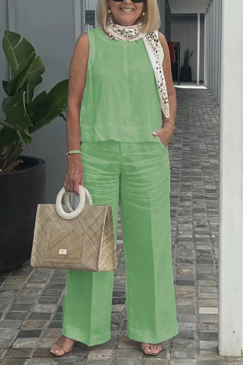 Cotton and Linen Sleeveless Top and Wide-Leg Pants Two-Piece Set