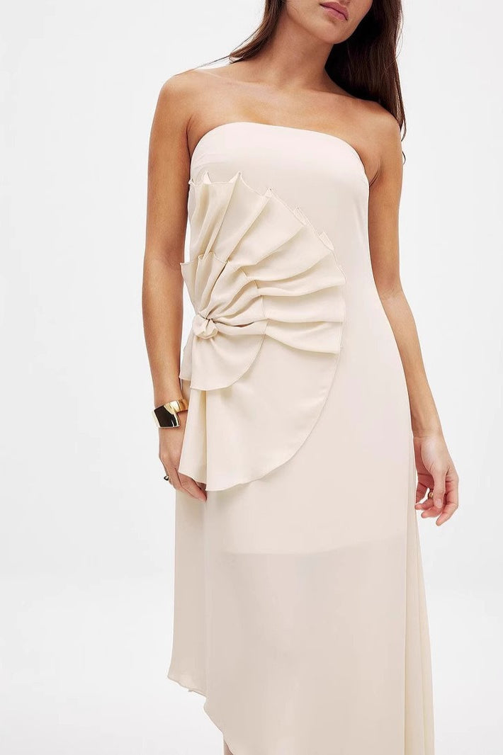 Strapless Ruched Asymmetrical Long Formal Dress