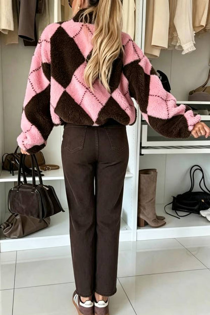 Rhomboid Geometric Pattern Teddy Bear Fleece Material Contrast Color Long Sleeve Pocket Zipper Coat