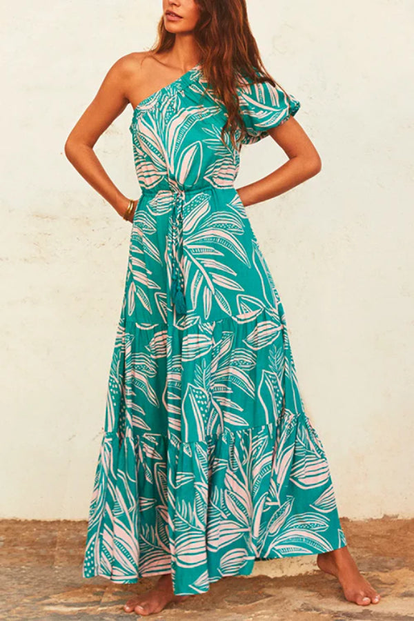 One Shoulder Drawstring Waist Printed Flowy Maxi Dress